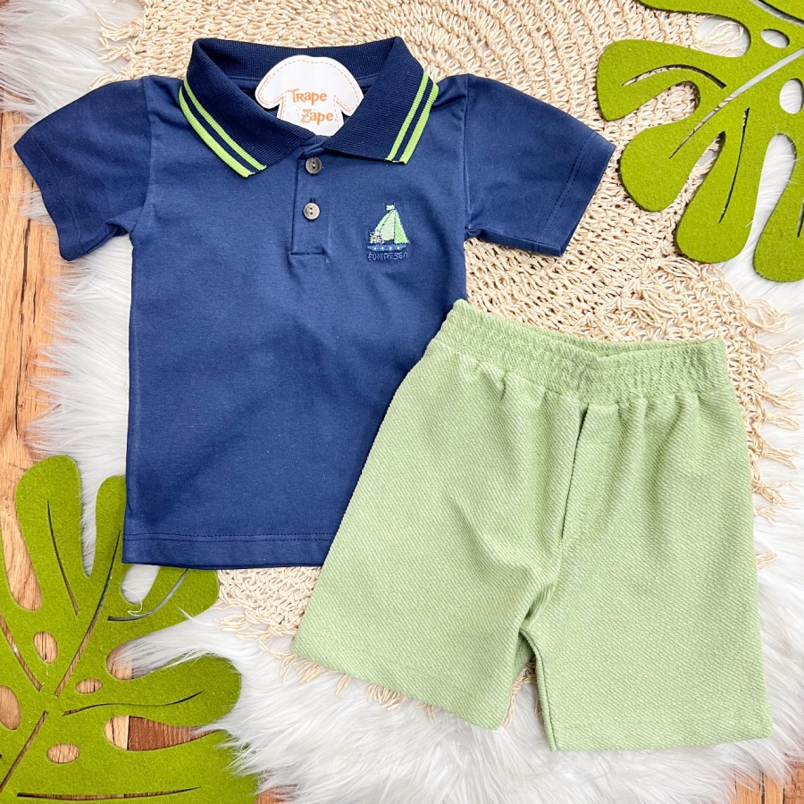 Conj. Camiseta Gola Polo Fun At Sea e Bermuda em Linho - Marinho e Verde